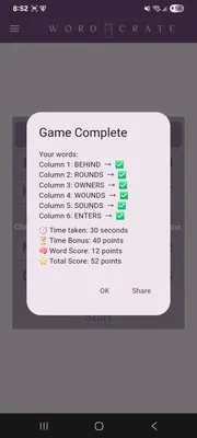 Word Crate results screen